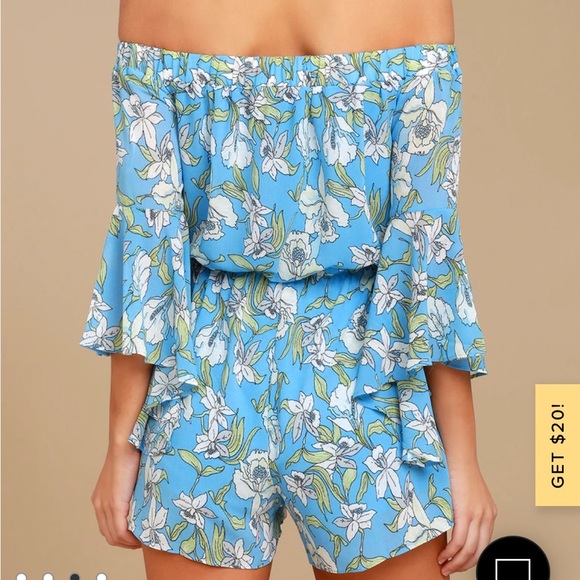 Lulus Light Blue Floral Print Off-the-Shoulder Romper - Picture 2 of 3